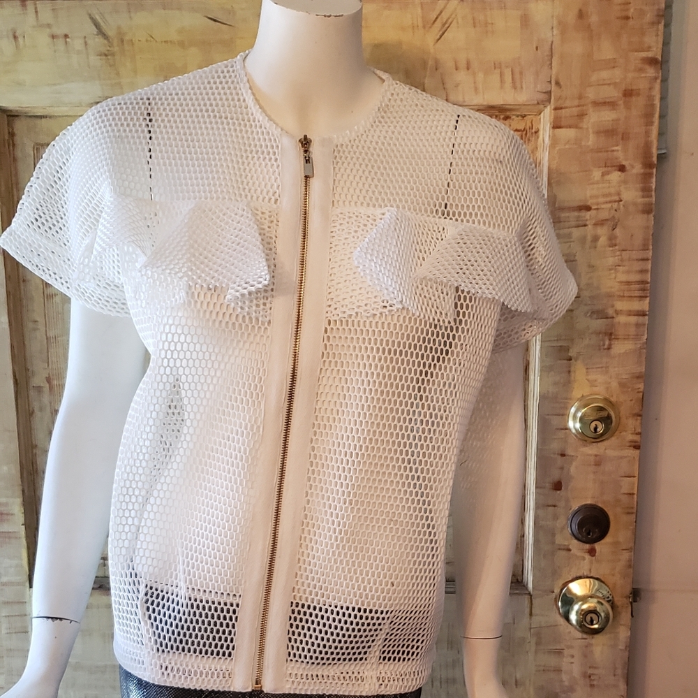 Tov White Netting Vest with Ruffles